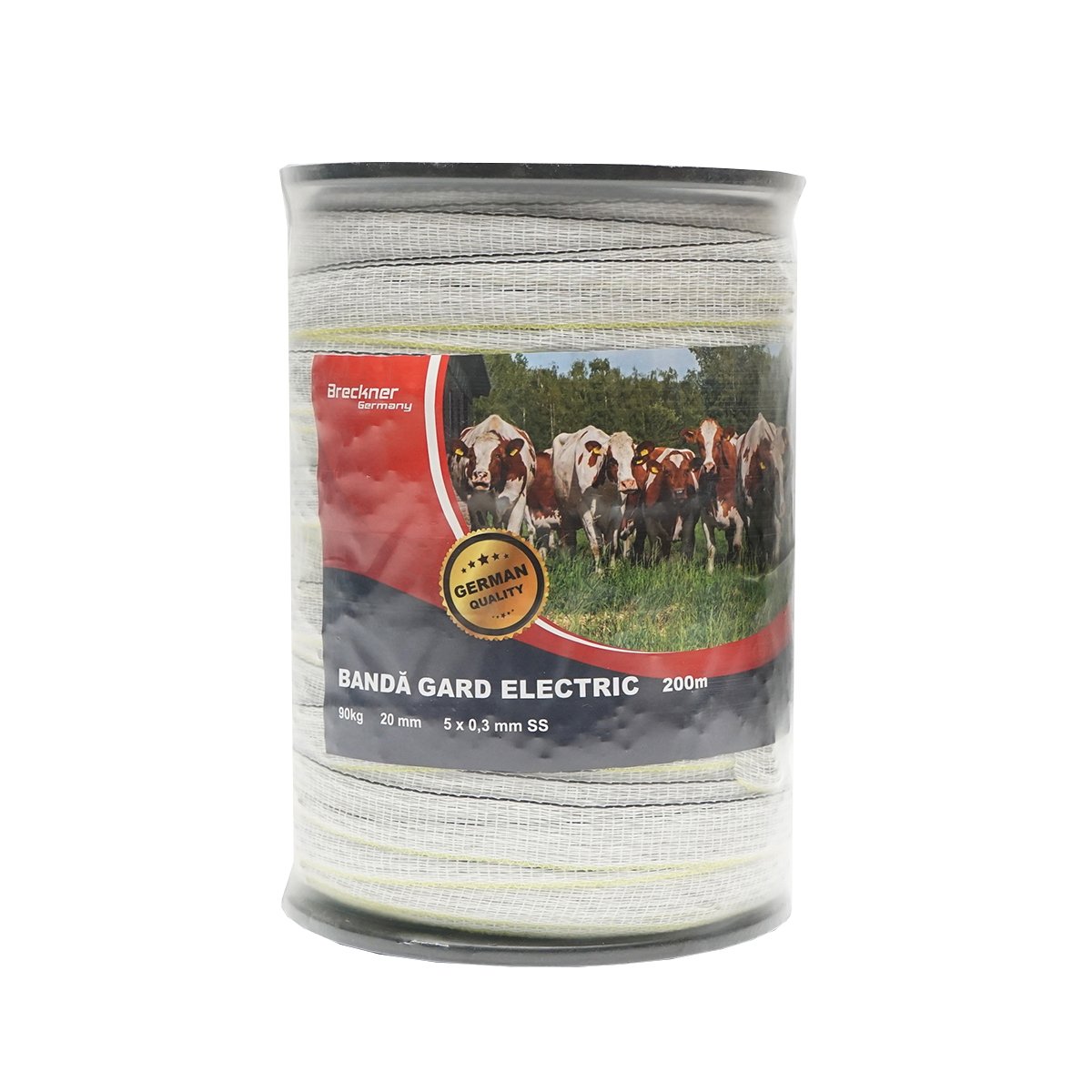 Rola banda alb-galben-negru, latime 20mm 5x0.3mm SS lungime 200m gard electric Breckner Germany